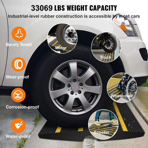 Rubber Curb Ramp Set For Driveway Two Pack with reflective safety strips under a car wheel with 33069 lbs load capacity.