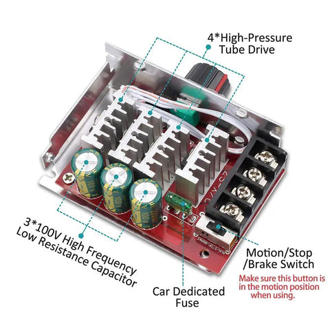 Upgrade Your DIY Ride With This 7 To 70V PWM DC Motor Speed Controller showcasing components and labeled connections