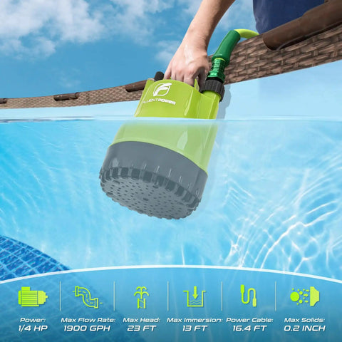 Person using Workhorse Portable Submersible Utility Pump One Quarter HP 1900 GPH With Sixteen Point Four Foot Cord in pool