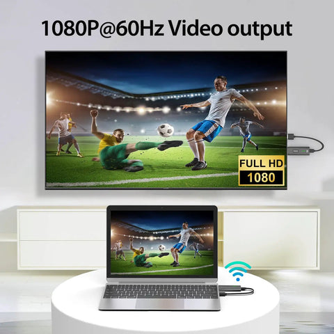 No Fuss Plug And Play Wireless HDMI Transmitter And Receiver Kit With 328Ft Range 4K Decoding And 1080P Output showing on TV and laptop
