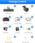 Package contents of 5MP 3K Lite CCTV Security System With AI Human And Vehicle Detection, 8 Channel H265 Plus DVR, 4 Cameras