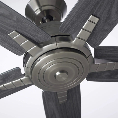 Close-up of 56 Inch Euclid Brushed Steel Ceiling Fan With LED Light Kit showcasing modern geometric design and brushed steel finish.