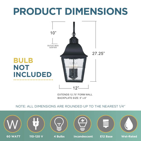 Dimensions of Classic Millhouse 18.5 Inch Outdoor Wall Lantern in Mystic Black with Clear Seeded Glass, 27.25 inches height.