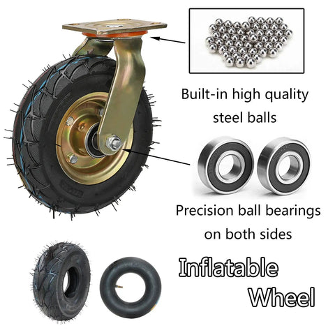 Heavy Duty 2 Pack Of 8 Inch And 10 Inch Rubber Casters With Side Brakes Built Like A Tank Steel brackets with inflatable wheel details.