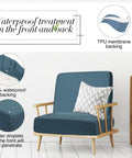 Gray blue waterproof stretch cushion cover on chair showing TPU membrane and water-resistant feature. 12 Pack Waterproof Stretch Cushion Covers For Patio And Indoor Couches, Washable Slipcovers For Pets, Fits 20 To 27 Inch Cushions, Gray Blue, Durable Sofa Protector For Cushions And Furniture, Easy Care.