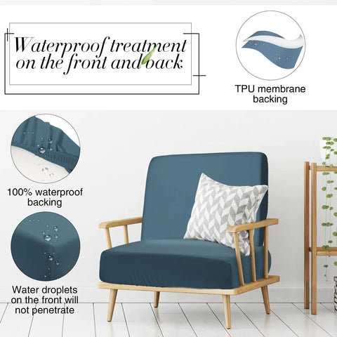 Gray blue waterproof stretch cushion cover on chair showing TPU membrane and water-resistant feature. 12 Pack Waterproof Stretch Cushion Covers For Patio And Indoor Couches, Washable Slipcovers For Pets, Fits 20 To 27 Inch Cushions, Gray Blue, Durable Sofa Protector For Cushions And Furniture, Easy Care.