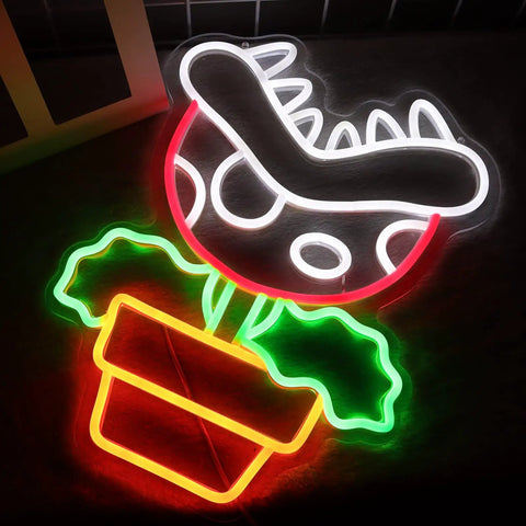 Piranha Plant LED Neon Sign Night Light For Super Mario Fans, Dope Retro Arcade Bedroom Decor With Dimmer Switch, red and green glow