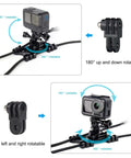 Fence Mount For GoPro Hero Series And Action Cameras On Chain Link Backstops For Baseball Softball Tennis And Paddle Boards With Dual High Density Retractable Ropes Four Rope Buckles And A Strong Durable Grip, shown with rotation features