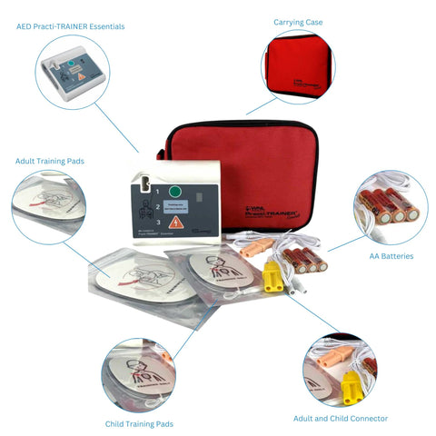 WNL AED Practi-TRAINER Essentials training bundle with base unit, red carrying case, pads, batteries, connectors