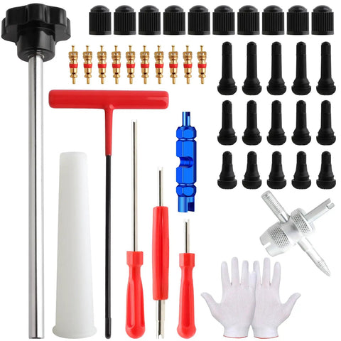 45 Pc Tire Valve Stem Core Removal Tool Kit With Dual Head Removers And Snap In Short Rubber Valves TR412 TR413 TR414
