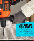 Close-up of 6.5 Amp Hammer Drill With 1/2 Inch Chuck Two Mode Hammer Or Drill Side Handle, shown in use with adjustable side handle.