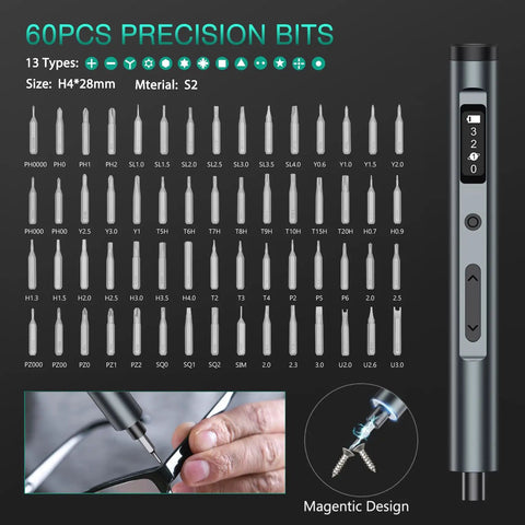 Mini Electric Screwdriver Kit With 62 In 1 Precision Bits showing bit types and usage on glasses, close-up on ergonomic handle and magnetic design.