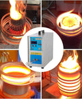 Rock Solid High Frequency Induction Heating Machine 15KW Metal Furnace heating metal with flames, showing furnace and coils.