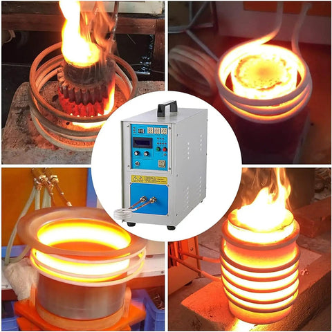 Rock Solid High Frequency Induction Heating Machine 15KW Metal Furnace heating metal with flames, showing furnace and coils.