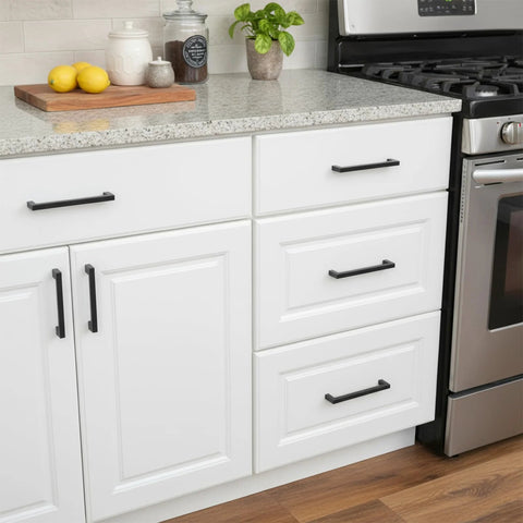 Kitchen cabinets with 10 Pack Matte Black Cabinet Handles Stainless Steel Drawer Pulls, installed on white cupboards, 7-inch hole centers.