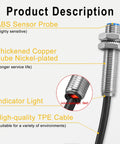 M8 Inductive Proximity Sensor Switch Shield Type, NPN NO, 3-Wire, 10-30VDC, stainless housing with red indicator, 120cm cable
