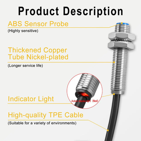 M8 Inductive Proximity Sensor Switch Shield Type, NPN NO, 3-Wire, 10-30VDC, stainless housing with red indicator, 120cm cable
