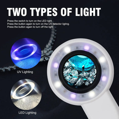 60X Handheld Magnifier With UV And LED Lights Pro Grade Loupe for gemstone inspection, close-up view showing UV and LED lighting