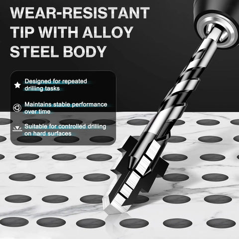 Tile Drill Bit Set 1/4 to 1/2 Inch 6-12mm With 1/4 Inch Hex Shank Eccentric 4-Cutter Design showing spiral tip on tile surface