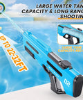 Ultimate Water Blaster Gun With Automatic Reload And Three Shooting Modes shown with large 460 ml tank and 32 feet range at a pool