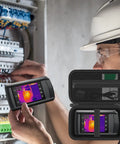 Rugged Tough Portable Case for HP96, FLIR C5, C3-X and C8 Compact Thermal Cameras, Shockproof, With Carry Handle, Mesh Pocket, Elastic Straps, Protective Foam Interior, Case Only shown open with thermal camera in use by a technician.