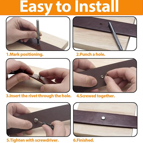 Step-by-step guide demonstrating installation of Sweet Silver Chicago Screws Kit Badass 120 Piece Rivet Bolt Set for leather crafts.