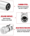 12 Pack Three Eighth Inch Hydraulic Hose Fittings With One Half Inch JIC 37 Degree Female Swivel End And Protection Cover Crimp Kit For Three Eighth Inch ID Hoses showing details like carbon steel material, sealing surface, and head protection cover.