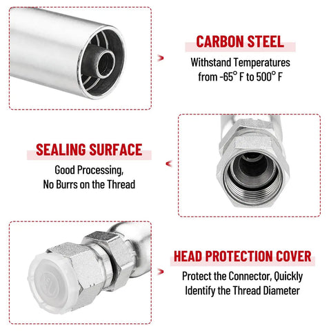 12 Pack Three Eighth Inch Hydraulic Hose Fittings With One Half Inch JIC 37 Degree Female Swivel End And Protection Cover Crimp Kit For Three Eighth Inch ID Hoses showing details like carbon steel material, sealing surface, and head protection cover.