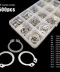 250/500 Piece Assortment Kit Set 5 To 20mm External Retaining Ring Snap Ring C Type Circlip For Bearings And Shafts 304 Stainless Steel Corrosion Resistant And High Temperature Durable, 500-pcs in box