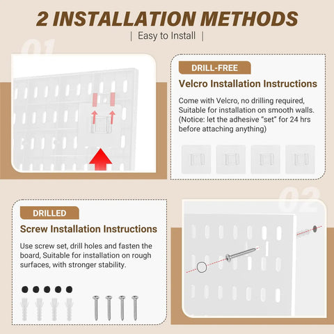 Installation methods for Four Pack White Pegboard Wall Organizer Kit With Thirteen Accessories For Wall Mounting In Home Office Garage And Craft Rooms Space Saving Modular Panels Twelve By Twelve Inch For Tools Storage And Hobby Gear Neatly Organized with Velcro and screws.