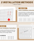 Installation instructions for Modular Plastic Pegboard Wall Organizer 4 Pack 12x12 Inch Panels displaying Velcro and screw options.