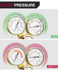 Go-To Dual Stage Oxygen And Acetylene Regulator Set With Easy Read Gauges, showing outlet pressure gauges for brass regulators