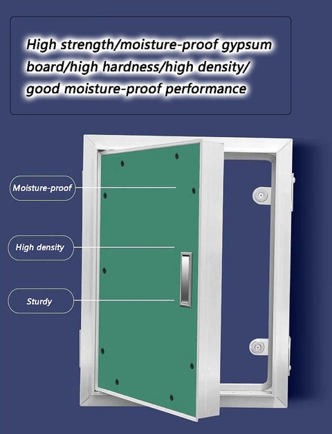 No Fuss Flush Mount Fire Rated Hidden Access Door Kit Featuring Paintable Gypsum Surface And Built Tough Aluminum Frame, open view showing moisture-proof gypsum board.