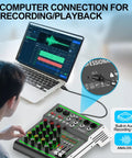 4 Channel DJ Mixer With USB Bluetooth And Computer Playback connected to laptop for recording and playback