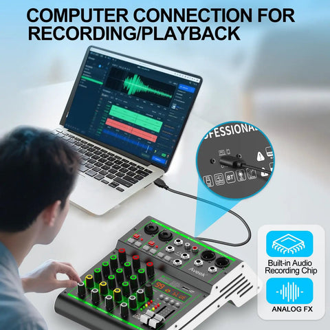 4 Channel DJ Mixer With USB Bluetooth And Computer Playback connected to laptop for recording and playback