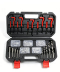 Metric Helicoil Kit For Auto And Industrial Repairs, Pro Grade Quick Fix Strength Inserts To Restore Damaged Threads, open case with drill bits and inserts