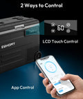 Smart 12V Car Fridge 59 Quarts With App Control And LCD Panel showing LCD control and mobile app interface for temperature management.