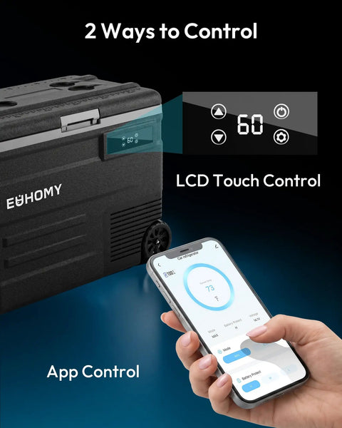 Smart 12V Car Fridge 59 Quarts With App Control And LCD Panel showing LCD control and mobile app interface for temperature management.