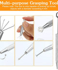 Close-up of multi-purpose grasping tool for picking small objects, featuring stainless steel construction with knurled handle.