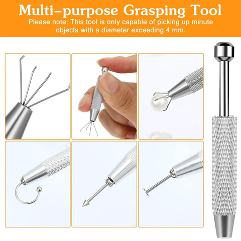 Close-up of multi-purpose grasping tool for picking small objects, featuring stainless steel construction with knurled handle.