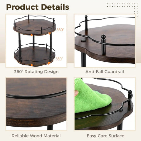 Wood Double Tier Lazy Susan Organizer For Kitchen And Pantry 12.99 Inch Rotating Turntable With Adjustable Upper Tray 360 Degree Spin
