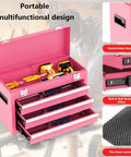 3 Drawer Metal Tool Box With EVC Liners And Latch Closure, Pink, open displaying tools, ball bearing slides, home garage organizer.