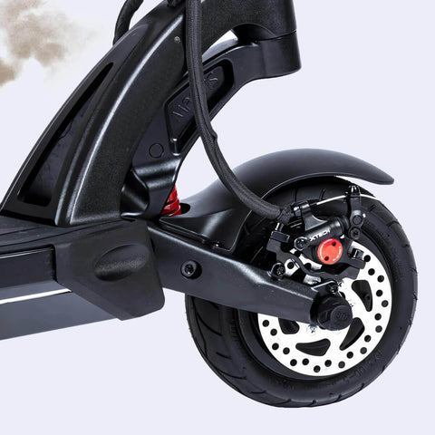 Rear view of HB-100 Hydraulic Disc Brake Caliper Kit on electric scooter, showing black caliper, brake disc, and wheel