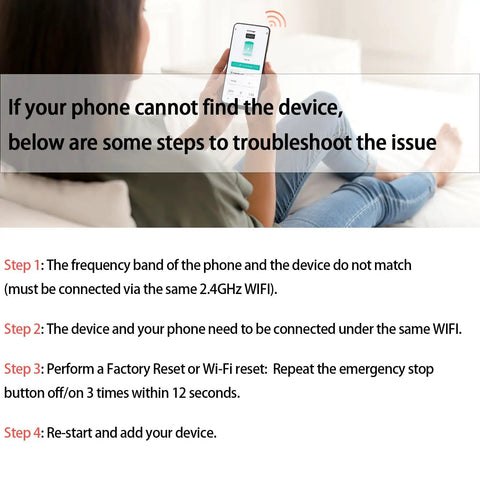 Woman troubleshooting device connectivity on smartphone, following steps for Rock Solid Level 2 EV Charger 40 Amp Wall Mounted J1772 Station.
