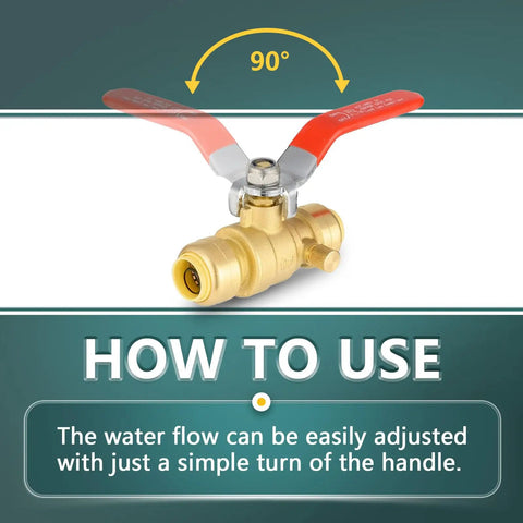 Half Inch Push Fit Ball Valves With Drain showing 90-degree turn for easy water flow adjustment.