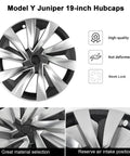 Ride Ready 4 Piece Wheel Covers For Tesla Model Y Juniper 19 Inch hubcap showcasing sleek black and silver design details.