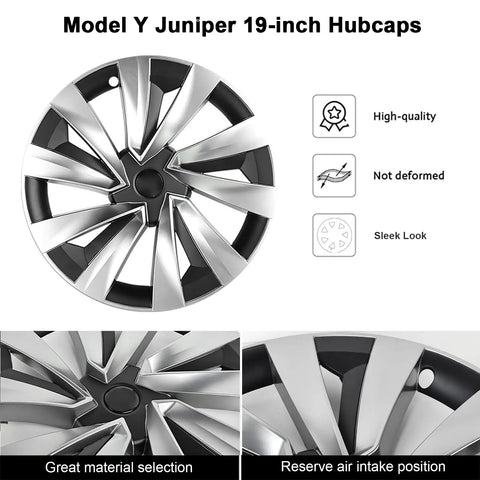 Ride Ready 4 Piece Wheel Covers For Tesla Model Y Juniper 19 Inch hubcap showcasing sleek black and silver design details.