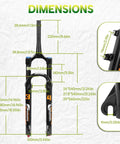Dimensions of Beefy 140mm MTB Front Fork With 34mm Stanchions For 26 27.5 29 Inch Wheels and detailed measurements.