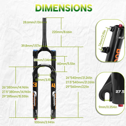 Dimensions of Beefy 140mm MTB Front Fork With 34mm Stanchions For 26 27.5 29 Inch Wheels and detailed measurements.