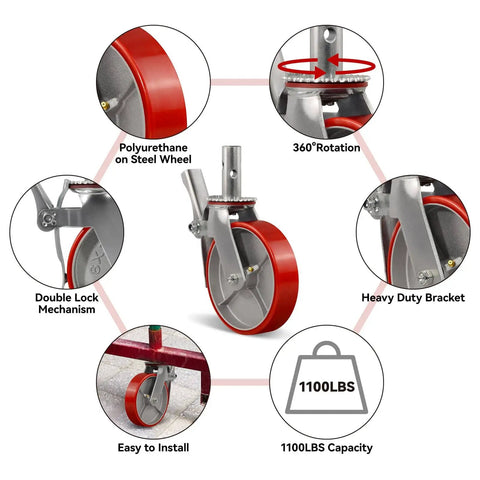 Heavy Duty 8x2 Inch Scaffolding Wheel Set Of 4 With 4400 Lb Capacity, Polyurethane On Steel Wheels, Locking Stem Casters With Brakes, 360 Degree Swivel